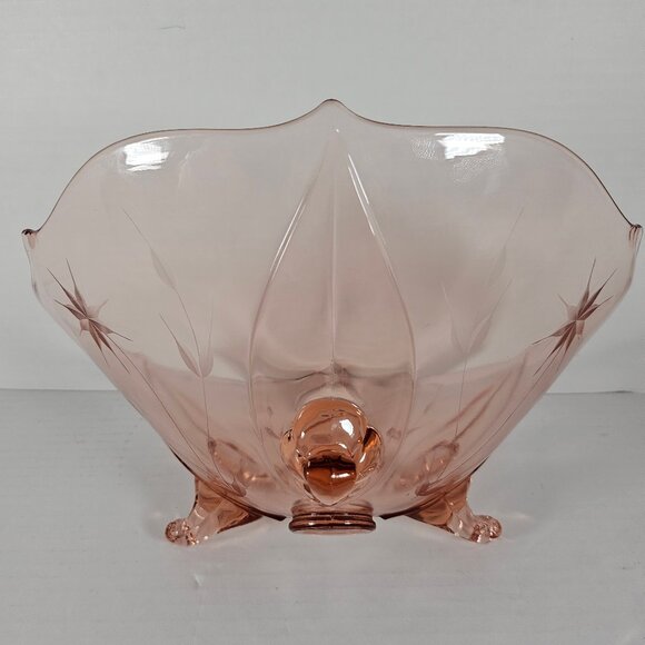 Jubilee Lancaster Pink Depression Large Glass Bowl Vintage Etched Floral Footed - Picture 7 of 13